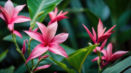 Fototapeta premium Tropical Pink Flowers in Lush Green Foliage Showcasing Nature's Beauty and Vibrant Colors