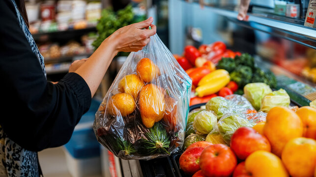 des mains de femmes tiennent un sac plastique contenant des l&eacute;gumes
