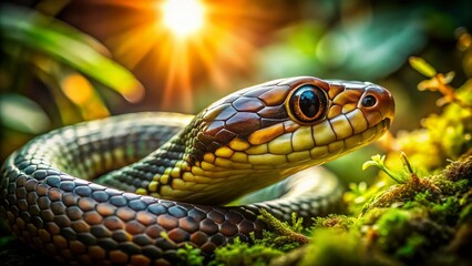Fototapeta premium Minimalist Snake Glowing Eyes Forest Sunlight Stock Photo