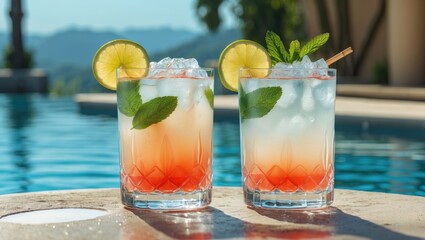 Refreshing Cocktails in Glasses with Mint and Citrus Garnish by Poolside on a Sunny Day