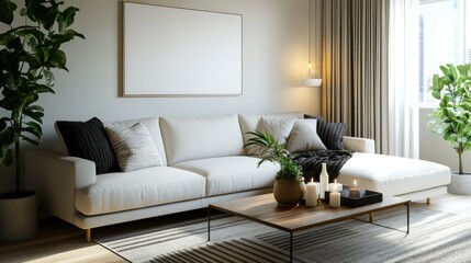 Modern living room mockup, city view, cozy sofa, blank canvas