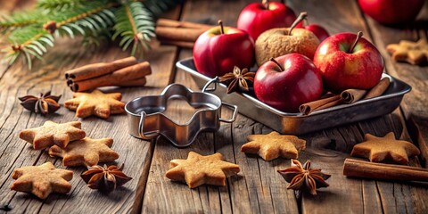 Minimalist Still Life: Rustic Table with Cookies, Apples, Spices & Vintage Cutters