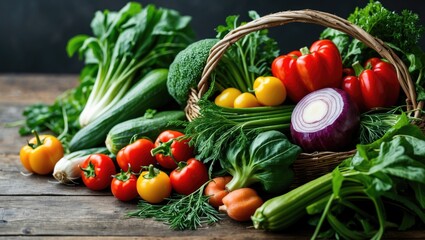 Fresh Assortment of Colorful Vegetables in a Basket on Wooden Table with Space for Custom Text or Branding