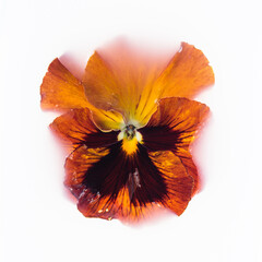 Colorful pansy flower isolated on white background. Yellow, orange-red flower immersed in white liquid.