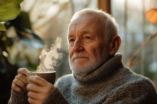 A contemplative senior man enjoys a warm drink in the sunlit warmth of his home, surrounded by nature.