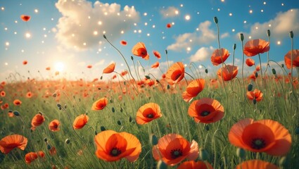 Obraz premium Vibrant Wild Red Poppies Blooming in a Sunlit Meadow with Soft Light Spots and a Clear Blue Sky Creating a Serene Natural Landscape