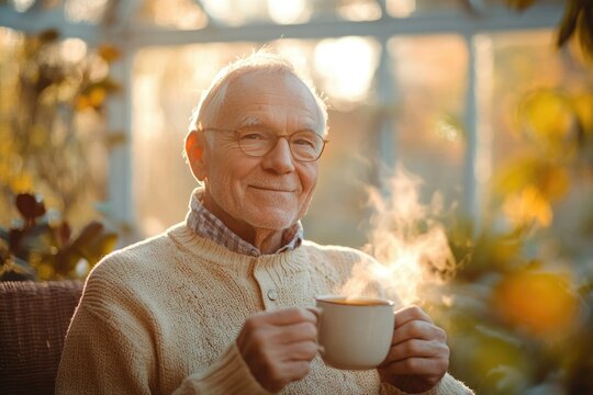 Smiling senior man enjoys a warm drink outdoors on a sunny autumn day.