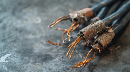 Damaged cables on a workshop surface. Featuring frayed insulation and exposed copper