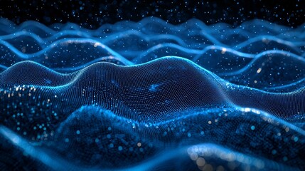 Abstract blue wave particles, digital technology background.