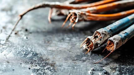 Damaged cables on a workshop surface. Featuring frayed insulation and exposed copper