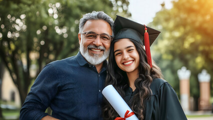 Graduate Indian Female Student Hugging Her Father with Degree in Hand. Proud Moment of Achievement and Education Success