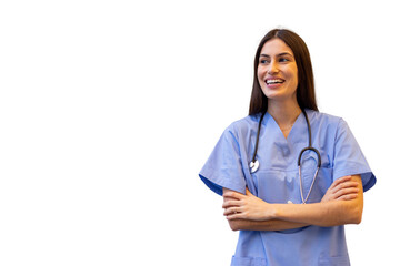 Professional Latina nurse standing in scrubs