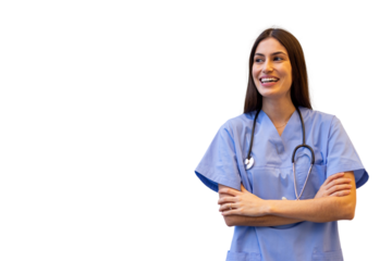 Professional Latina nurse standing in scrubs