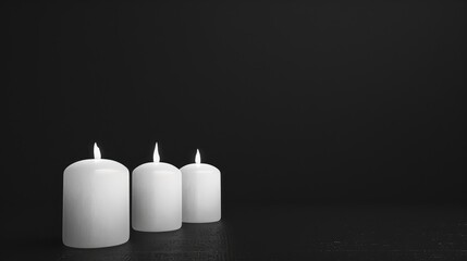 Three white candles lit on a dark surface, creating a serene atmosphere with shadows in the background