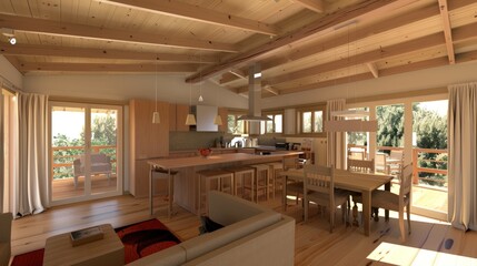 Modern Wooden Cabin Kitchen and Living Area Design