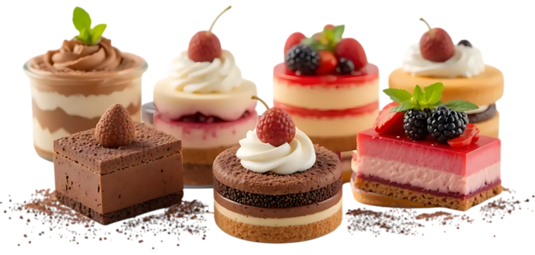 Assorted tiramisu desserts with berries and chocolate indulgent treat transparent background