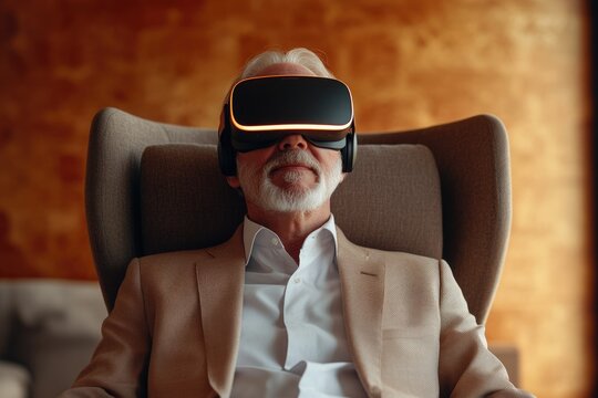 Senior man wearing VR headset, relaxed in armchair, enjoying immersive experience.