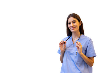 Determined Latina nurse posing in professional scrubs