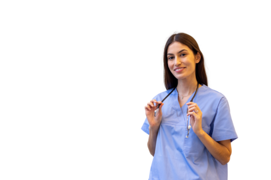 Determined Latina nurse posing in professional scrubs