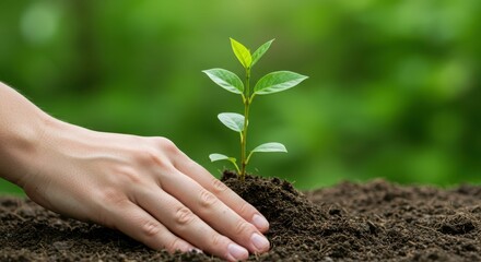 Hand planting young seedling in lush green environment