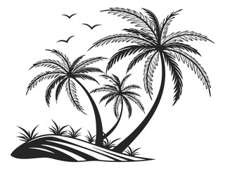 Obraz premium tropical beach silhouette, palm trees, flying birds, black and white illustration, minimalist design, curved coastline, island scenery, tranquil atmosphere, vacation vibes, simple linework, graphic 