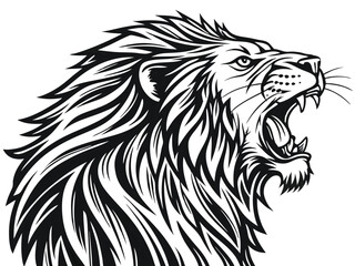 lion head, fierce roar, detailed mane, black and white illustration, side profile, aggressive expression, sharp teeth, hand-drawn style, bold lines, dramatic shading, tribal art influence, 