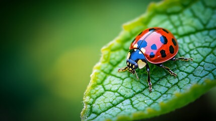 Obraz premium Ladybug Resting on a Green Leaf Close-up View in Natural Light