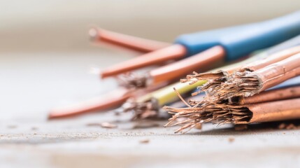 Damaged cables on a workshop table. Featuring exposed copper and frayed insulation