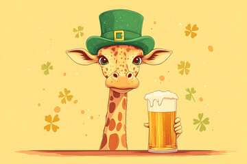 A cheerful giraffe wearing a green hat holds a pint of beer against a festive background of clovers