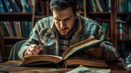 Focused man examining an old book with a magnifying glass in a cozy library filled with bookshelves