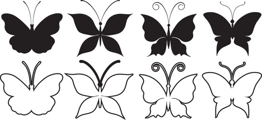Flying butterflies silhouette black set isolated on white background