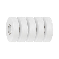 A neatly arranged row of white rolls of tape set on a white background