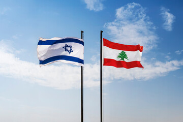 Conflict between Isreal and the Lebanon. flags of Lebanon and Israel on a blue background of cloudy sky. negotiations between Lebanese Republic and Israel concept. the Lebanon-Israeli border.