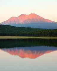 Fototapeta premium Sunrise volcano lake reflection, serene landscape, travel poster