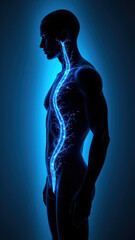 A human figure with a VNS device highlighted by blue LED lights from the back.