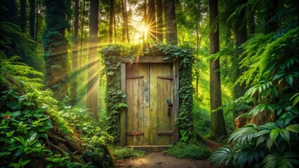 Mysterious Forest Door: Sunlight Through Ancient Wood