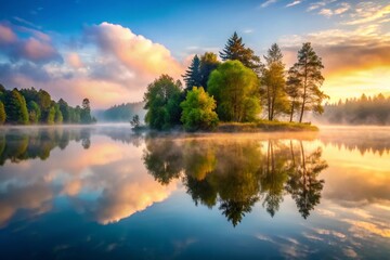 Obraz premium Mysterious Morning Fog, Calm Water, Tree Reflections, High Depth of Field Stock Photo