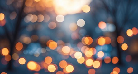 Obraz premium Abstract blurred bokeh background with warm lights and cool tones in an urban setting during sunset or twilight.
