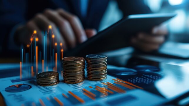 Stacks of Coins of Varying Heights on Financial Report with Trend Graph and Businessman Holding Digital Tablet in Soft Focus Background