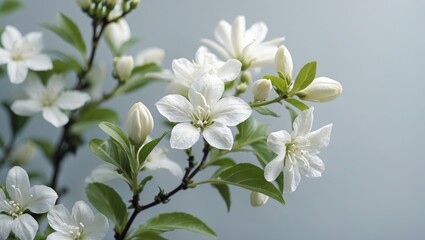 Fototapeta premium White flowering branch with buds on a pale blue background in natural light