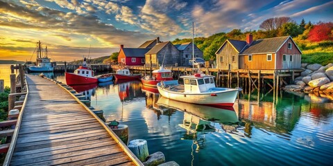 Obraz premium New England Coastal Harbor: Fishing Boats at Dock, Scenic Pier View