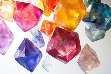 Colorful, faceted glass gems suspended in mid-air, creating a vibrant, artistic display.