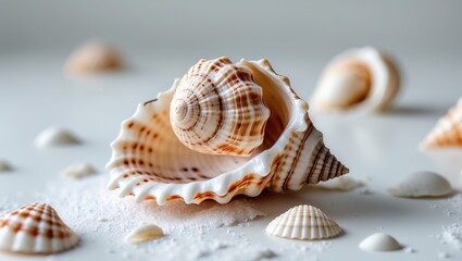 Obraz premium Colorful seashells on a light background with fine sand creating a marine still life composition