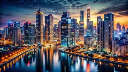 Fototapeta premium Night Metropolis: Illuminated Skyscrapers & River Reflection - Stunning Cityscape Stock Photo