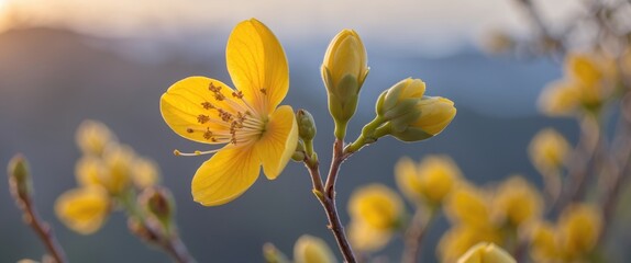 Fototapeta premium Yellow flowers on branch with buds against blurred background during sunset light in natural environment