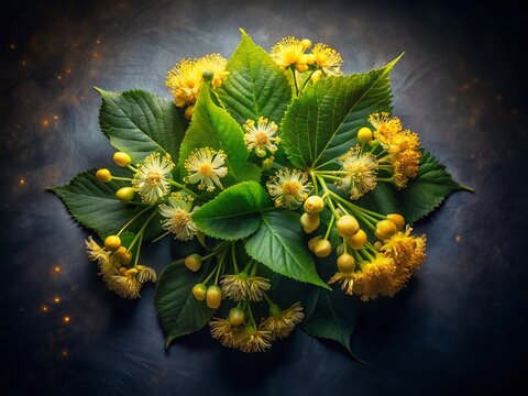 Night Photography: Elegant Linden Flower Bouquet Flat Lay, Top View Still Life