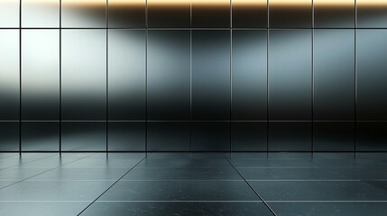 Dark modern room with metallic wall panels and reflective floor.