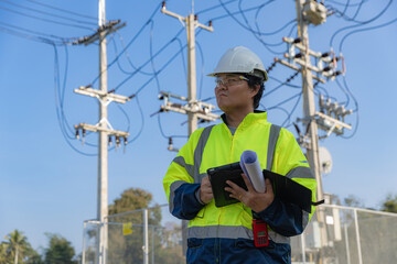 Electrical engineer working in site Electrical engineer man checking Power Distribution Cabinet in the Big Electrical transformer Site..