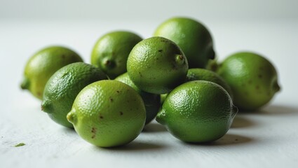 Obraz premium Fresh green limes arranged on a light wooden surface with natural lighting showcasing their texture and vibrant color
