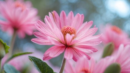 Obraz premium Close-up of pink daisies with soft focus background and vibrant green leaves under natural light in a garden setting.